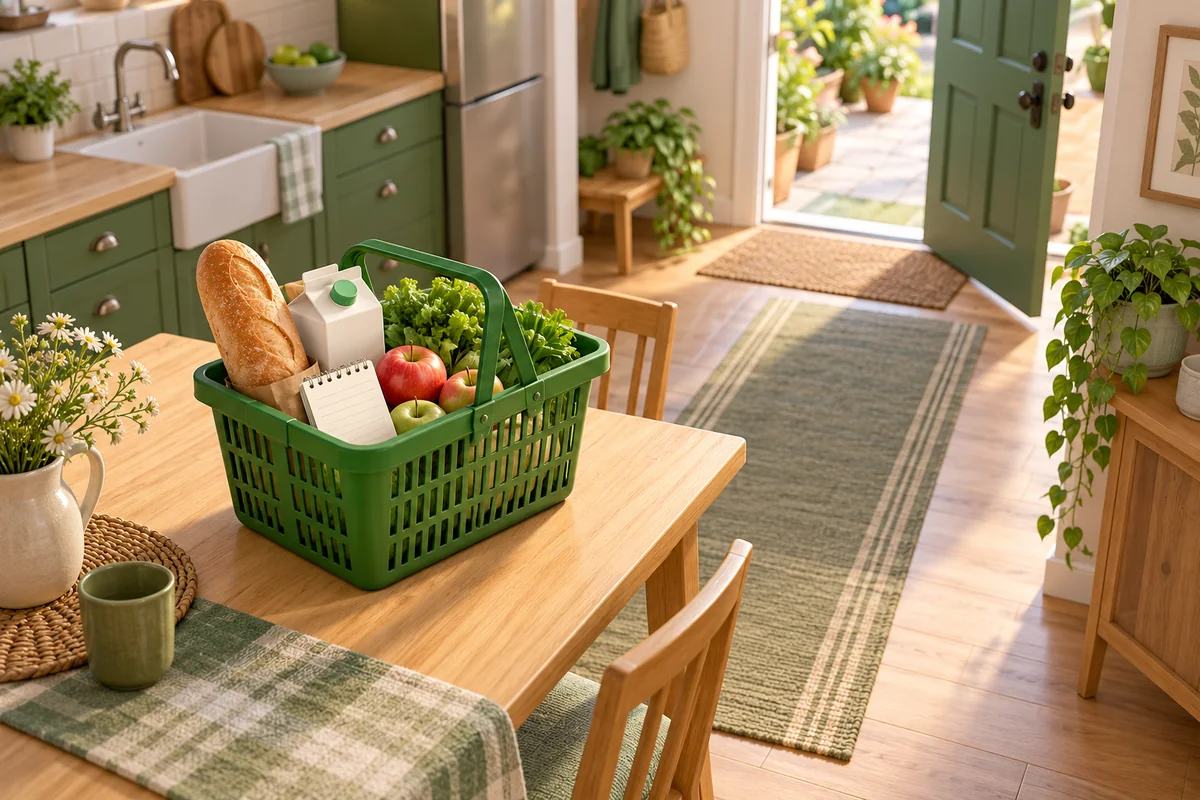 Зелений кошик із продуктами та карткою списку на столі домашньої кухні