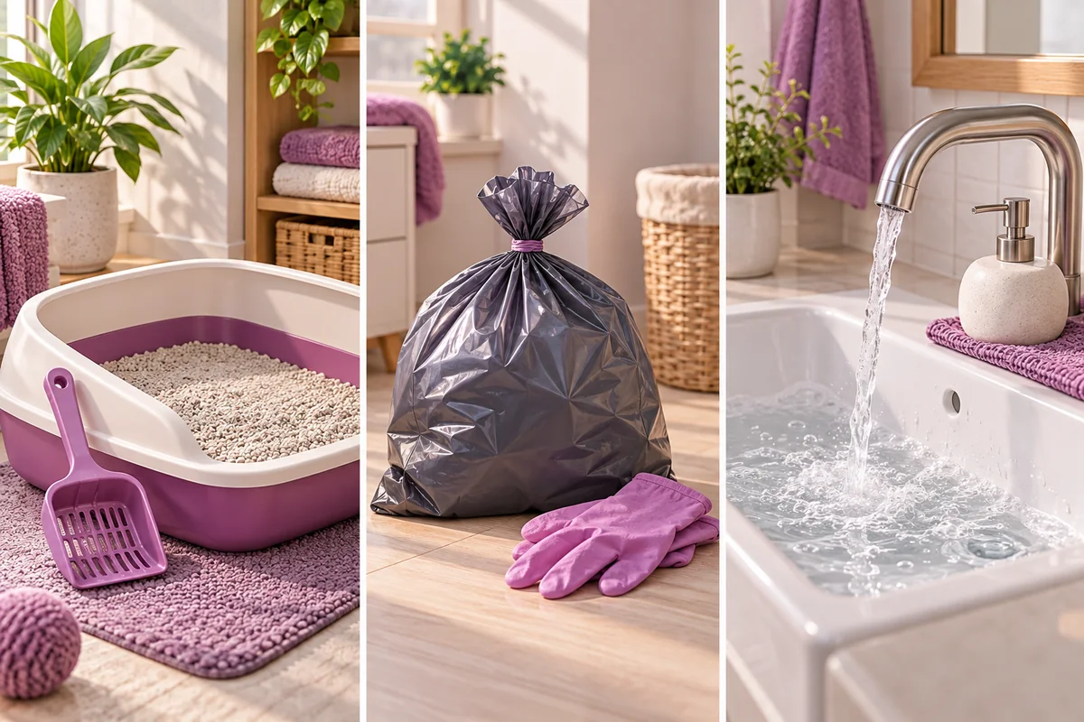 Три сцени гігієни котячого туалету: лоток, закриті відходи та миття рук