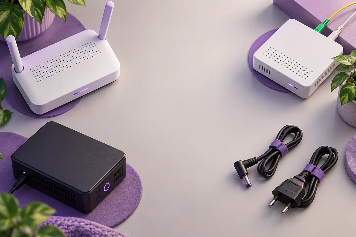 Роутер, оптичний термінал, закритий mini UPS і непідключені кабелі живлення